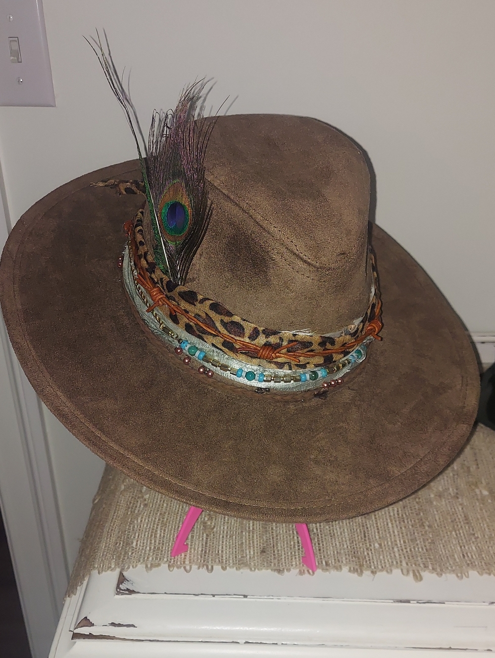 Boho Feather Trim Brown Suede Wide-Brim Hat